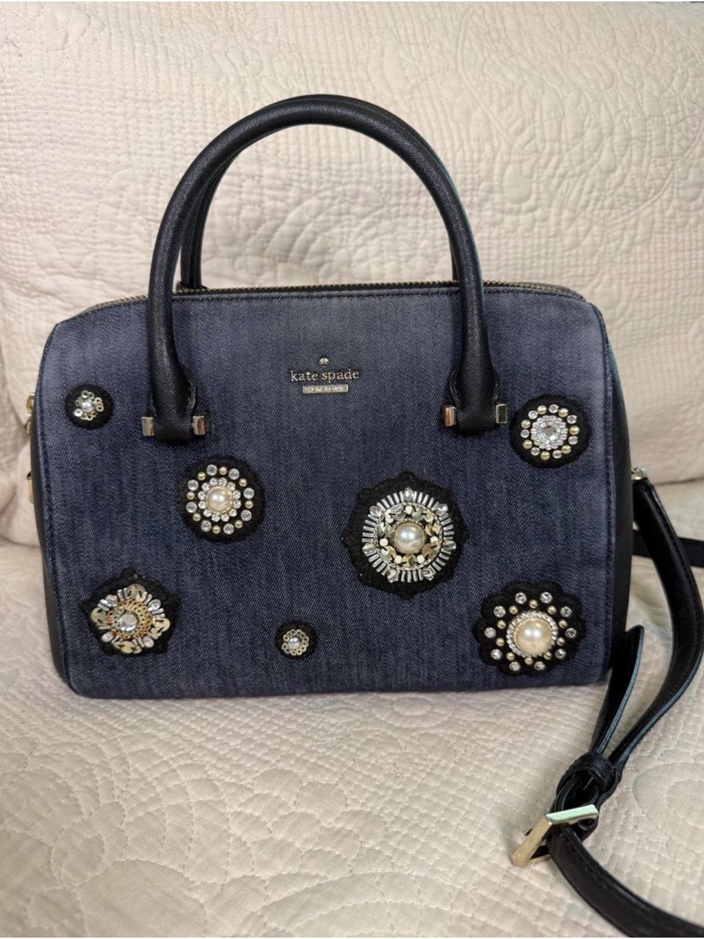 Kate Spade Cameron Street Pearl & Crystal Embellished Denim Satchel/Crossbody